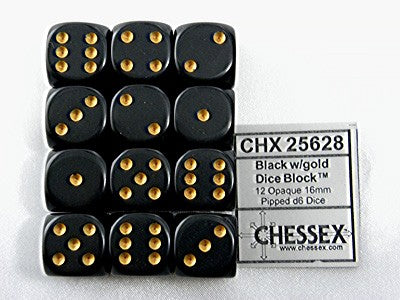 Opaque Black/gold D6 16mm Dobbelsteen Set (12 stuks)
