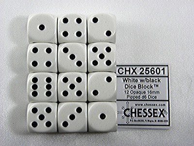 Opaque White/black D6 16mm Dobbelsteen Set (12 stuks)