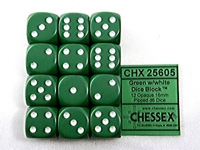 Opaque Green/white D6 16mm Dobbelsteen Set (12 stuks)