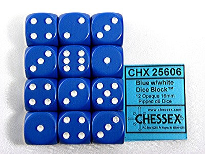 Opaque Blue/white D6 16mm Dobbelsteen Set (12 stuks)