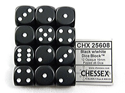 Opaque Black/white D6 16mm Dobbelsteen Set (12 stuks)