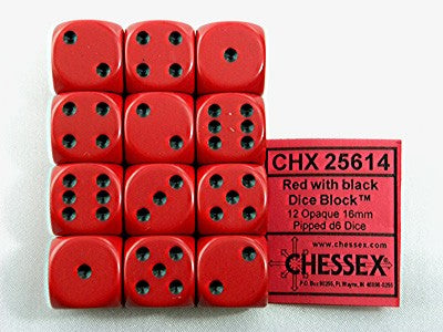 Opaque Red/black D6 16mm Dobbelsteen Set (12 stuks)